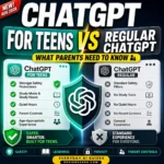 ChatGPT for Teens vs regular ChatGPT comparison showing safety, study, parental control and privacy features
