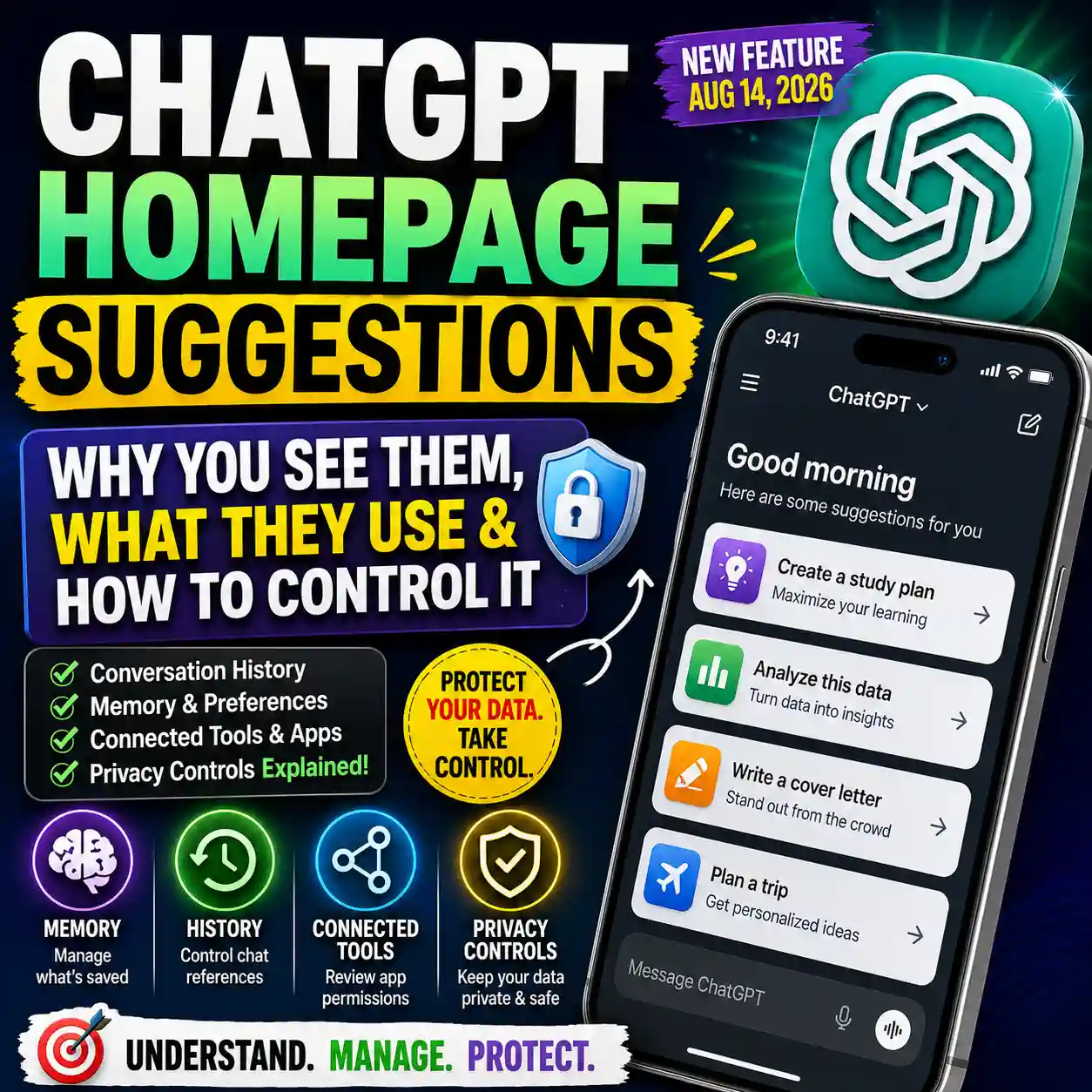 ChatGPT homepage suggestions explained with memory, conversation history, connected tools, and privacy controls