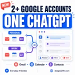 ChatGPT multiple Google accounts guide showing personal and work accounts connected for Gmail, Calendar and Contacts