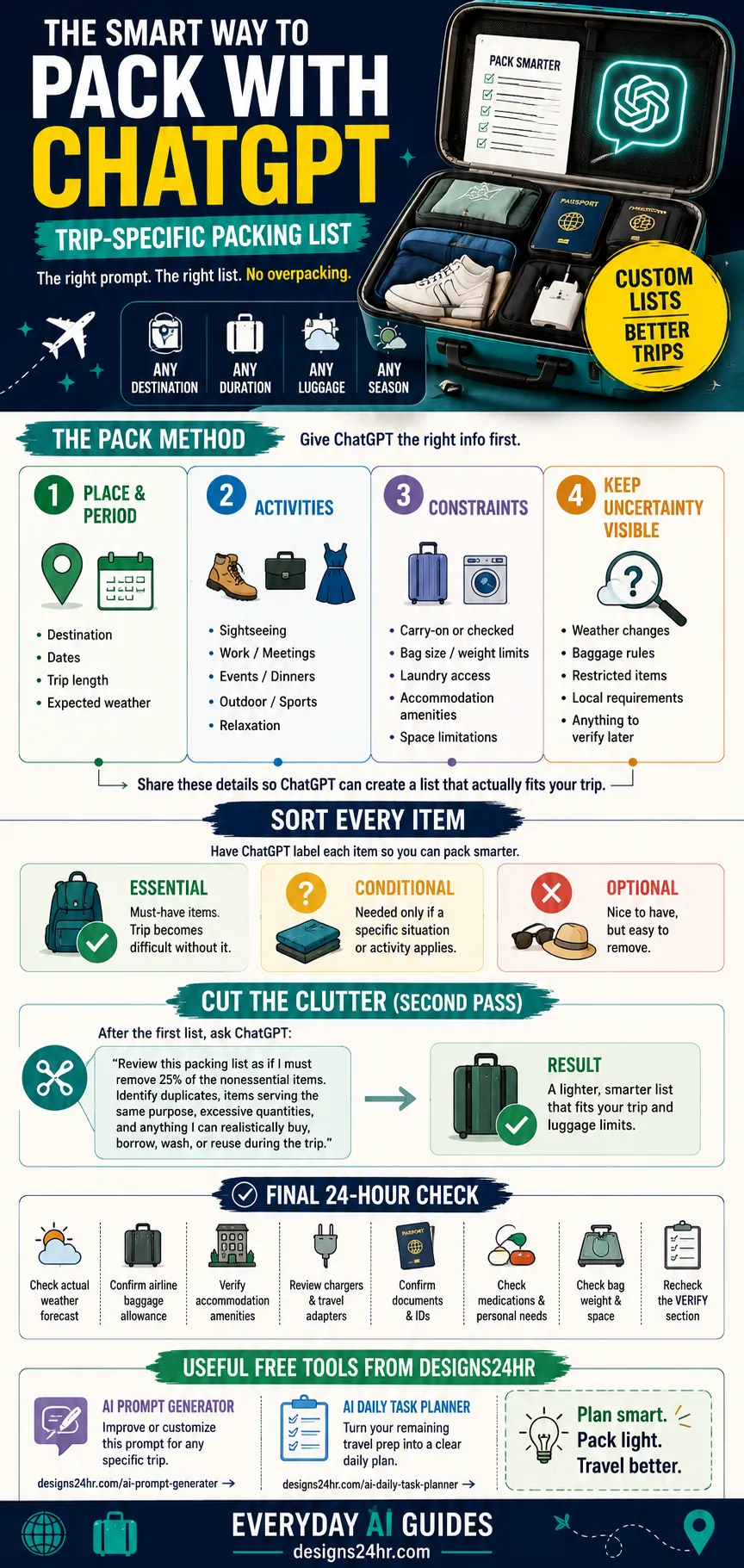 PACK method infographic for creating a personalized ChatGPT packing list without overpacking