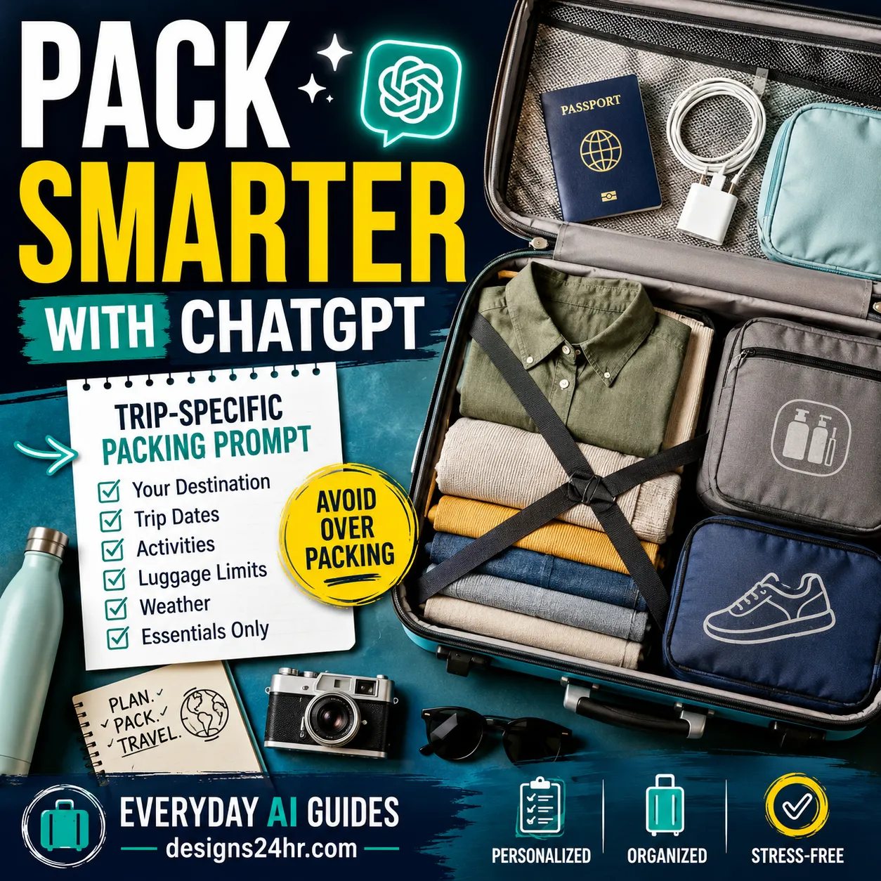 ChatGPT packing list prompt visual with an organized suitcase and trip-specific travel checklist
