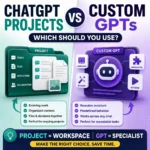 ChatGPT Projects vs Custom GPTs comparison showing an evolving project workspace and reusable AI assistant workflow
