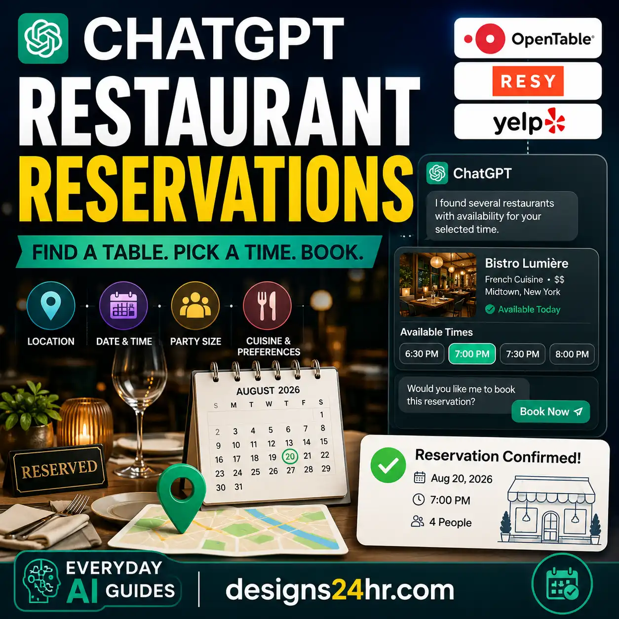 ChatGPT restaurant reservations guide showing available dining times and booking options