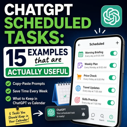 ChatGPT scheduled tasks examples shown as calendar cards, reminder notifications and monitoring workflows