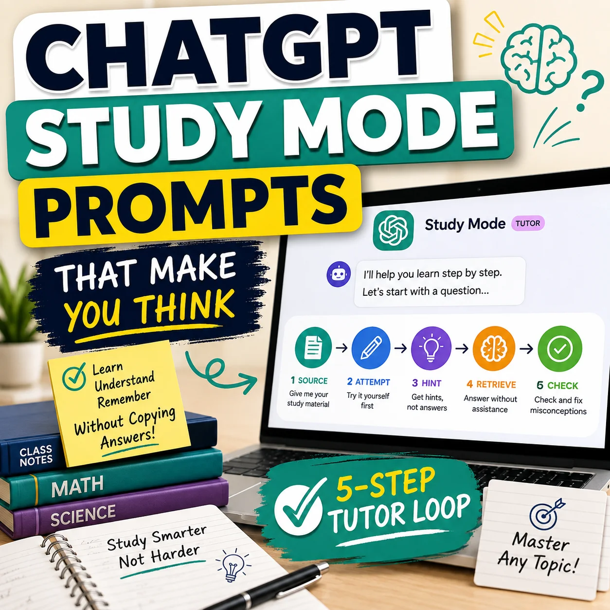 ChatGPT Study Mode prompts using a five-step tutor loop for better learning
