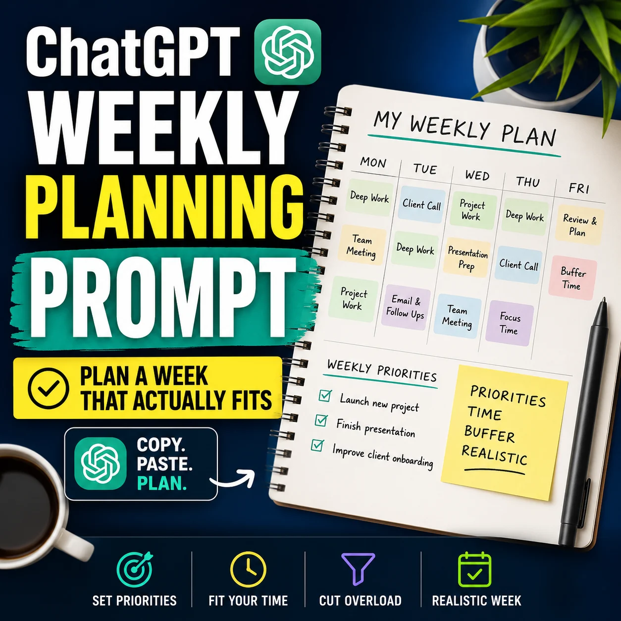 ChatGPT weekly planning prompt with a weekly planner showing priorities, tasks, buffer time, and realistic scheduling