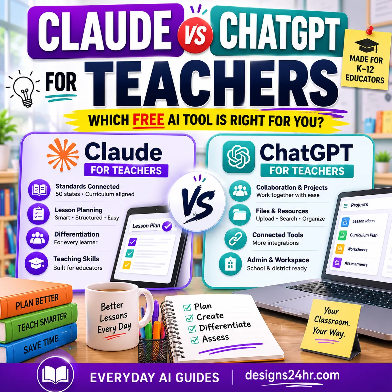 Claude for Teachers vs ChatGPT for Teachers comparison graphic showing standards, lesson planning, files, collaboration and classroom workflow symbols.