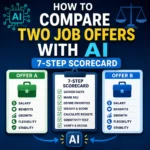Square graphic showing Offer A and Offer B beside a seven-step AI job offer comparison scorecard for salary, benefits, growth, flexibility, and stability.