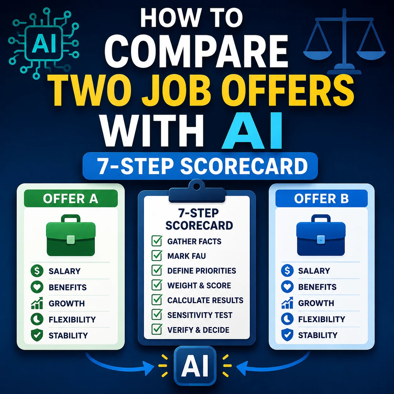 Square graphic showing Offer A and Offer B beside a seven-step AI job offer comparison scorecard for salary, benefits, growth, flexibility, and stability.