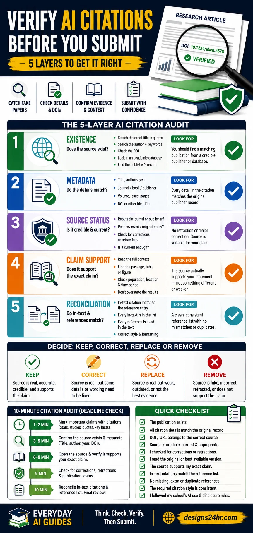 Five-layer AI citation audit for checking source existence, metadata, publication status, claim support and reference-list accuracy