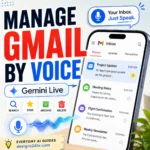 Gemini Live Gmail guide showing a voice-controlled inbox with email search and organization actions