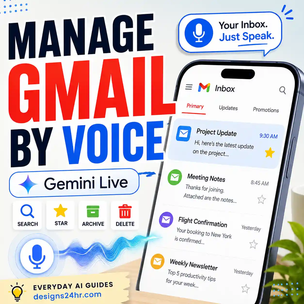 Gemini Live Gmail guide showing a voice-controlled inbox with email search and organization actions