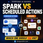 Gemini Spark vs Scheduled Actions comparison showing a recurring chat action and a multi-step background workflow