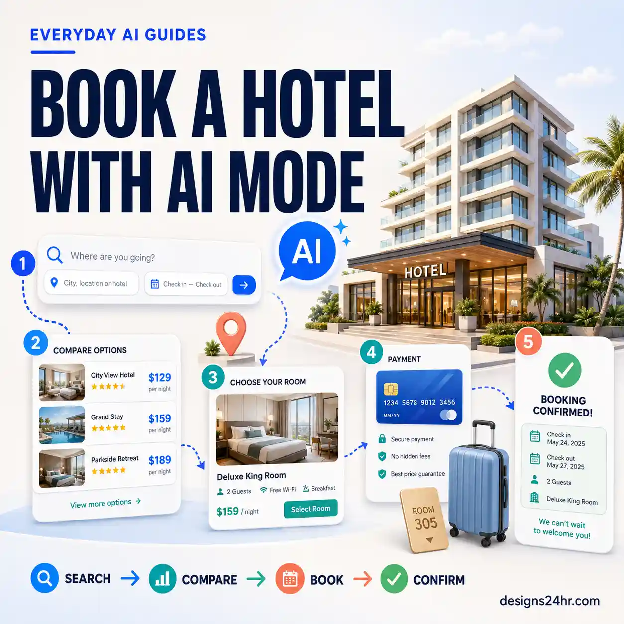 Google AI Mode hotel booking guide showing hotel search, comparison and booking steps
