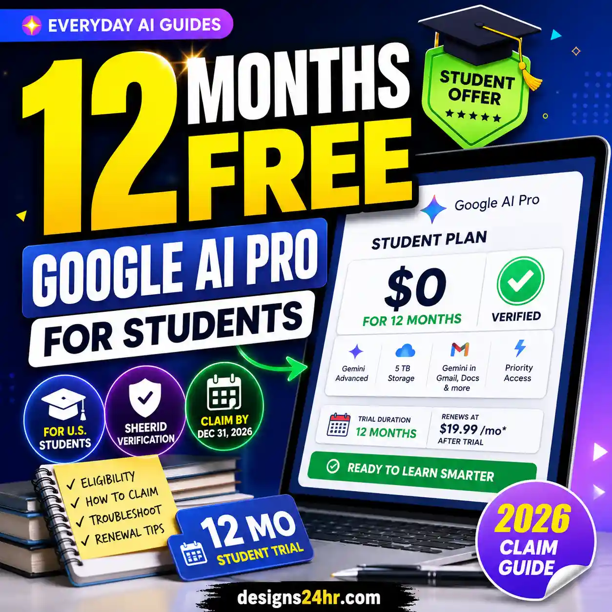 Google AI Pro student offer 2026 showing a 12-month free student plan and verification concept