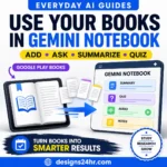 Google Play Books in Gemini Notebook guide showing books added to an AI notebook for summaries, quizzes and notes