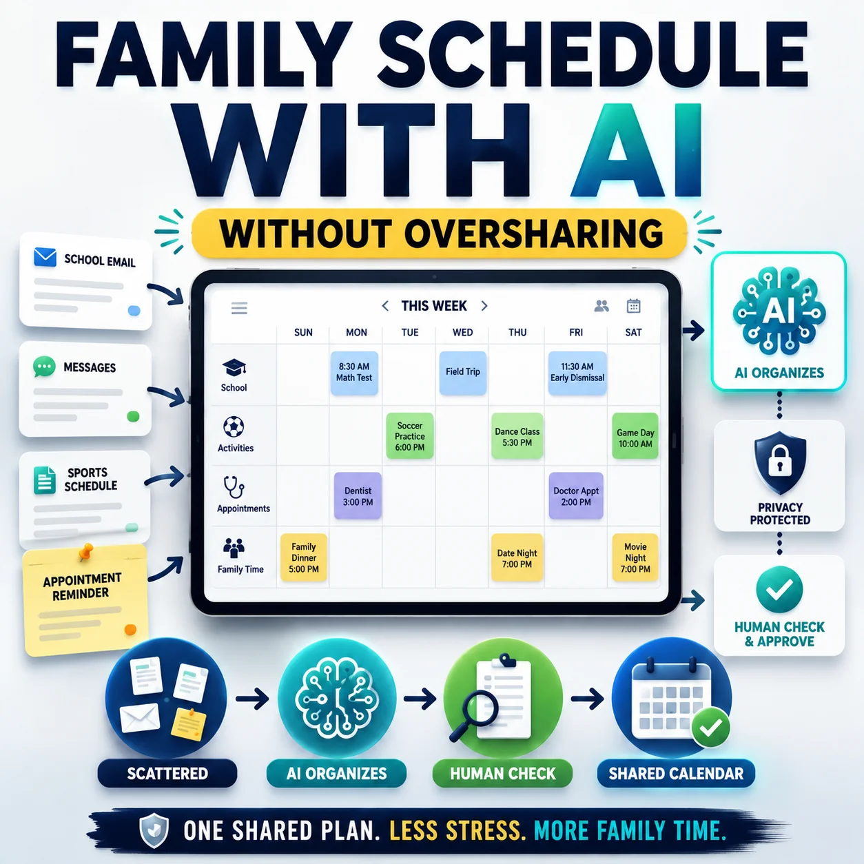 How to organize a family schedule with AI using one shared calendar and privacy review