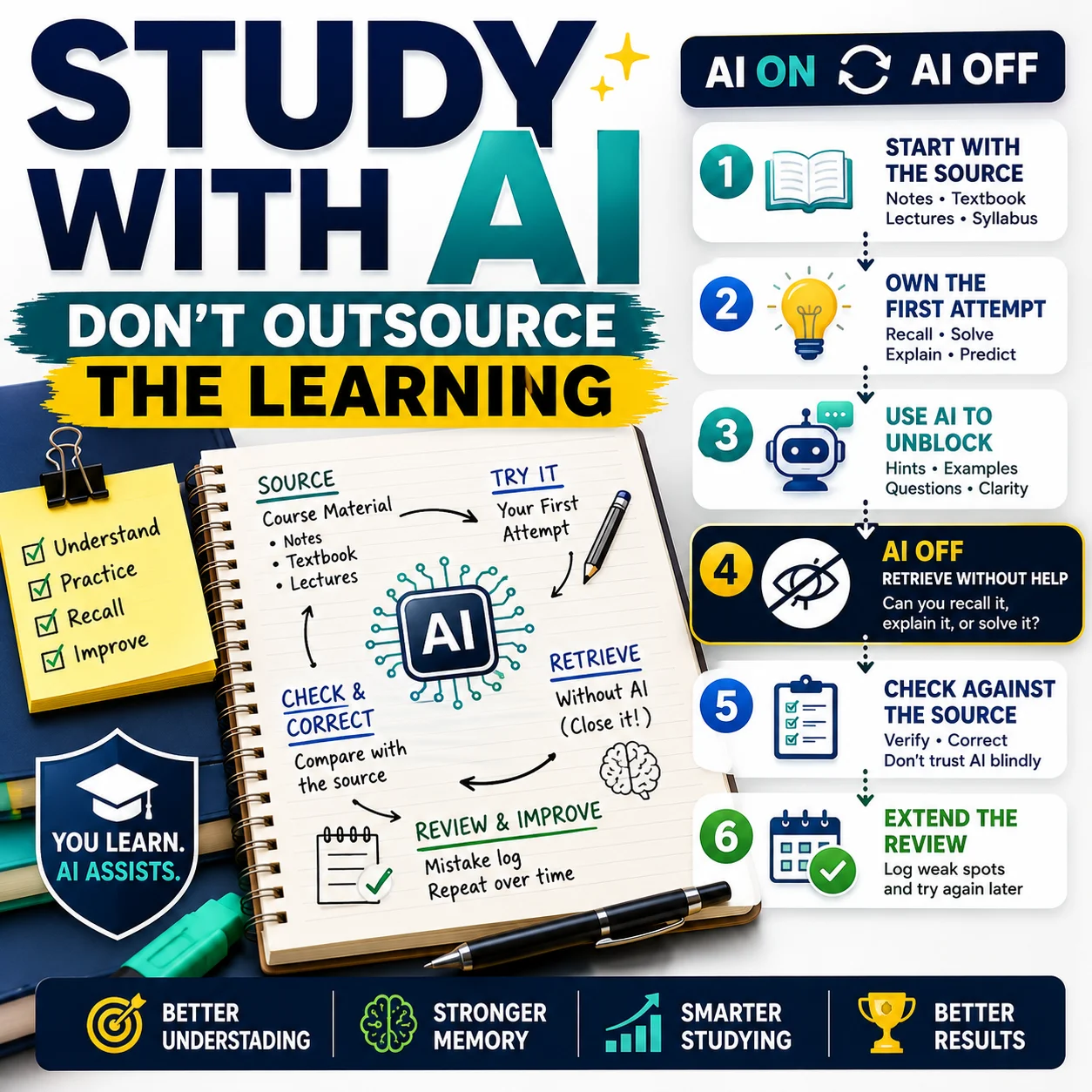 How to study with AI using source material, independent thinking, active recall and human verification