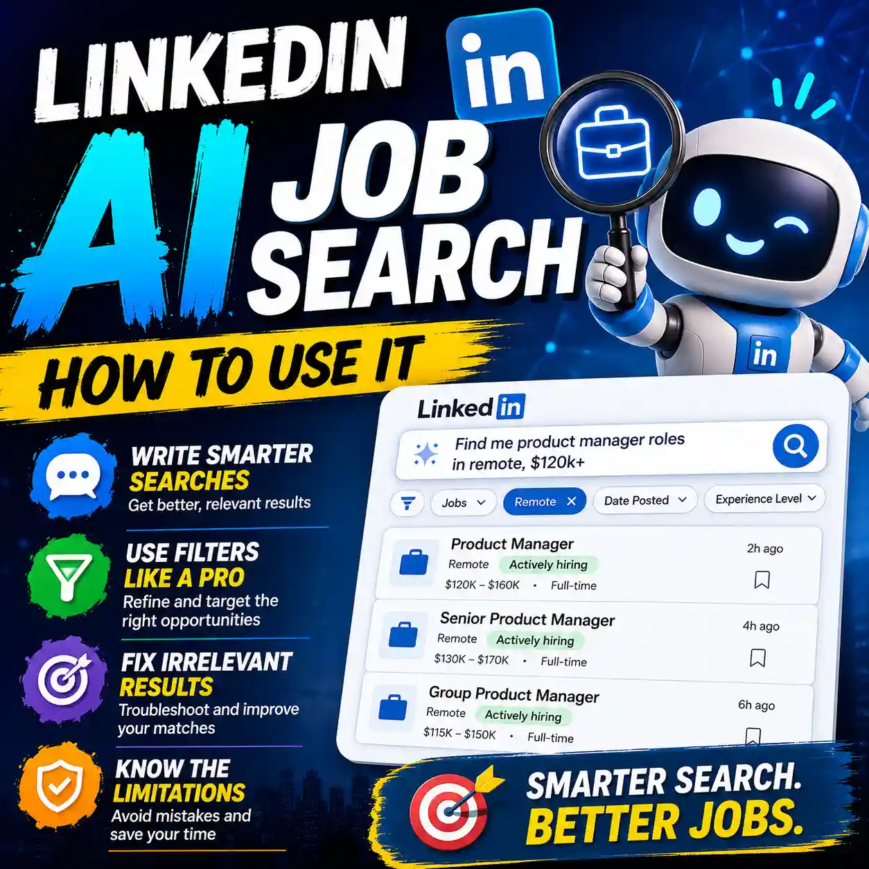 LinkedIn AI job search guide showing search filters, job results, and smarter AI-powered job searching