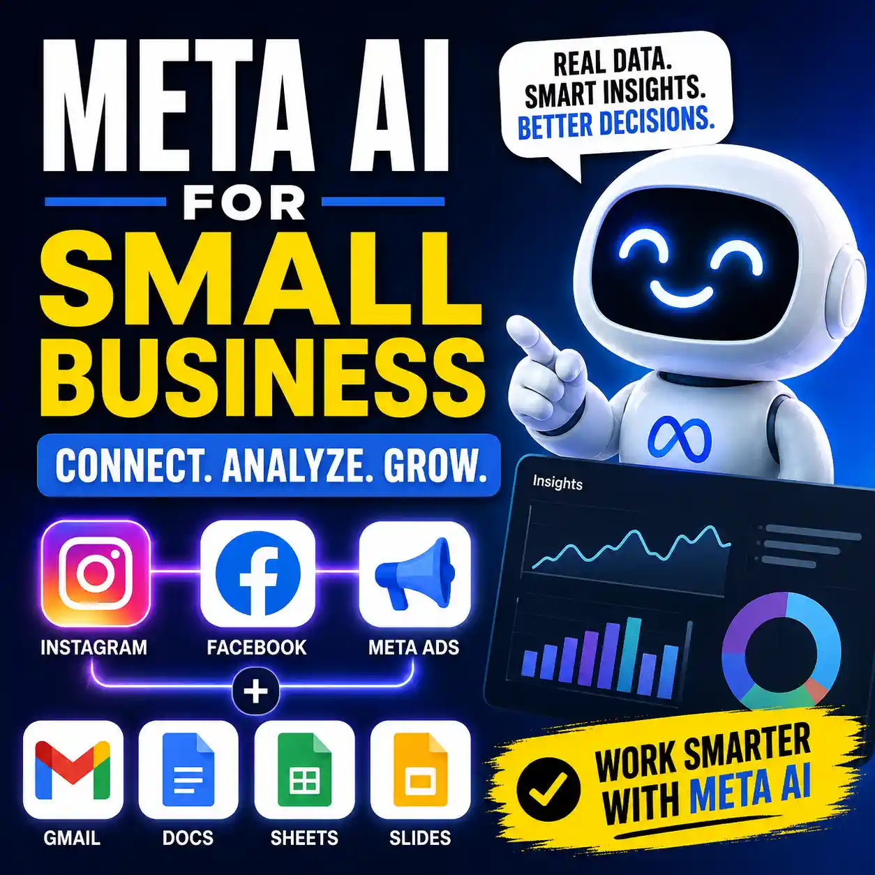 Meta AI for small business guide showing connected marketing data, analytics, ads and business insights