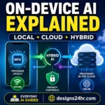 On-device AI explained with a device chip processing locally beside a cloud server and hybrid data path