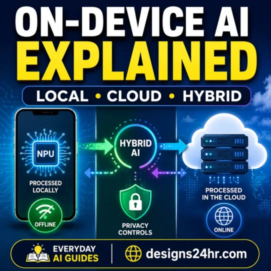 On-device AI explained with a device chip processing locally beside a cloud server and hybrid data path