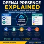 OpenAI Presence workflow with voice and chat panels, permission controls, business-system connections, evaluations, and human escalation