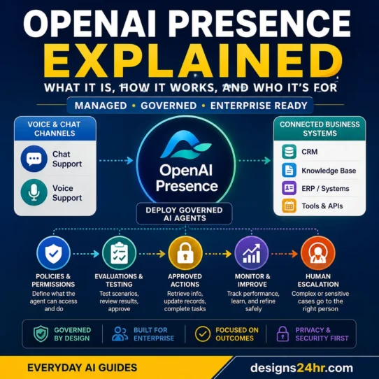 OpenAI Presence workflow with voice and chat panels, permission controls, business-system connections, evaluations, and human escalation