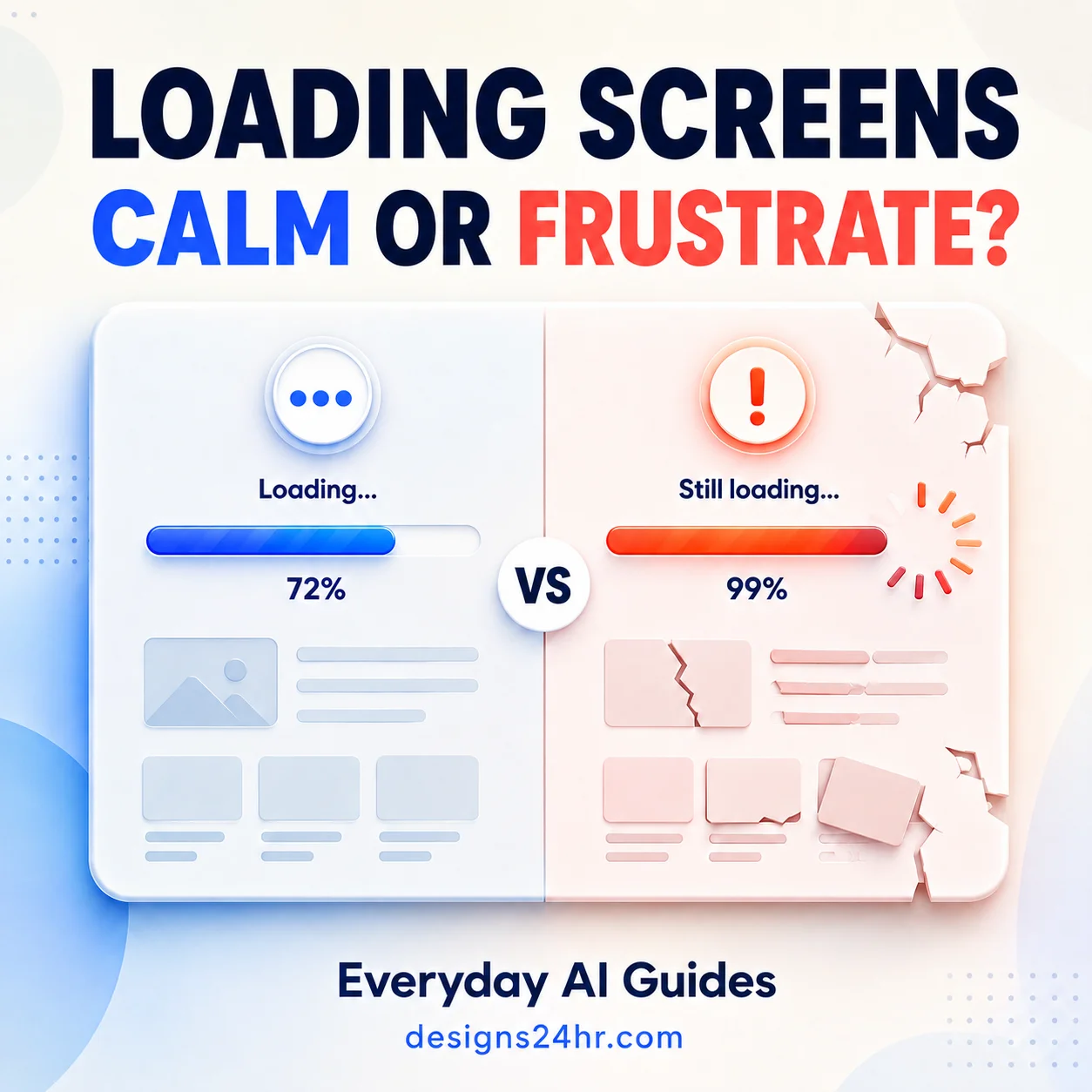 Psychology of loading screens comparing a calm progress indicator with a frustrating stalled loading state