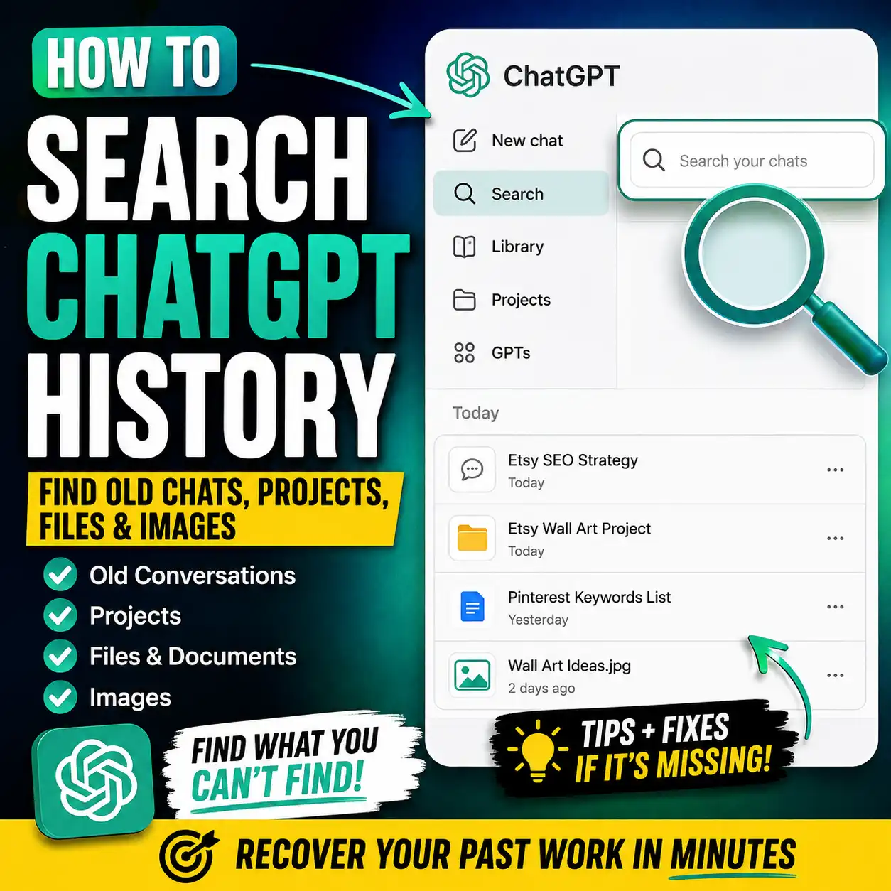 Search ChatGPT history to find old chats, projects, files, and images