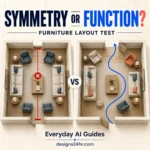 Symmetry in furniture arrangements compared with a practical layout featuring a clear walking path