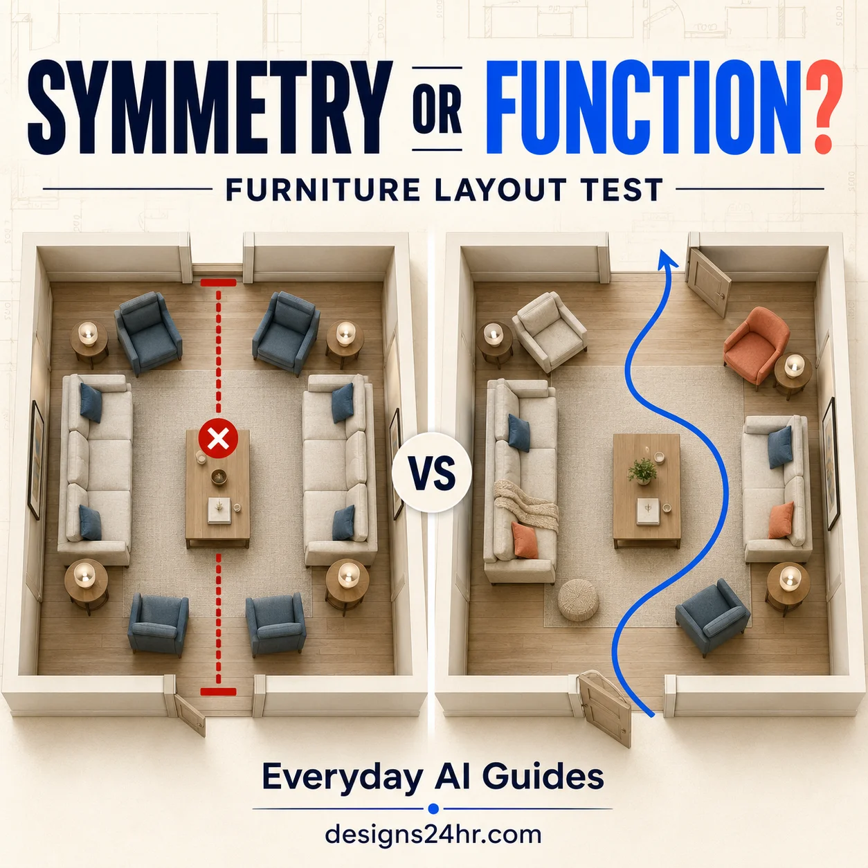 Symmetry in furniture arrangements compared with a practical layout featuring a clear walking path