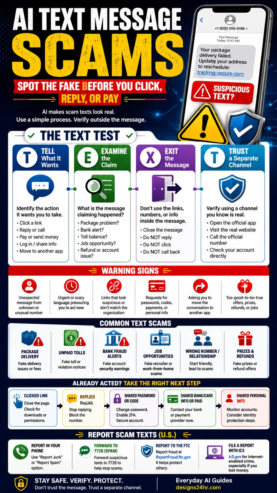 AI text message scams infographic showing the TEXT test for checking suspicious texts and choosing a safe next action