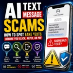 AI text message scams guide showing a suspicious phone message with warning, verification and security symbols