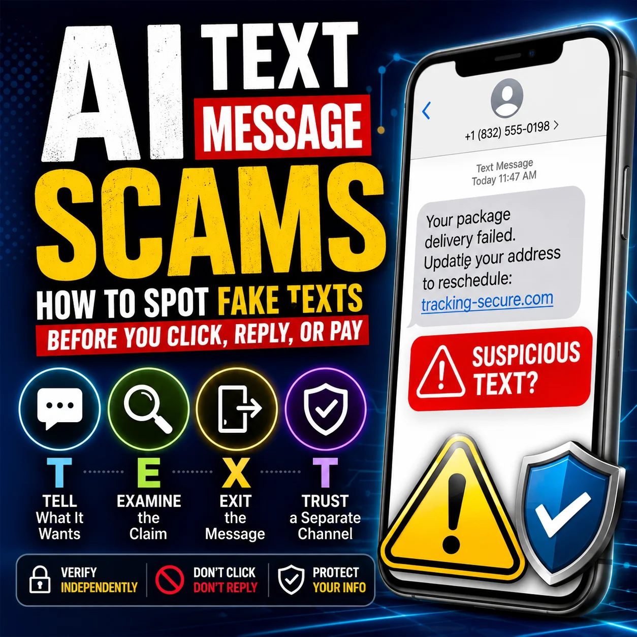 AI text message scams guide showing a suspicious phone message with warning, verification and security symbols
