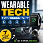Wearable tech for productivity with smartwatch, smart ring, smart glasses and focus workflow icons