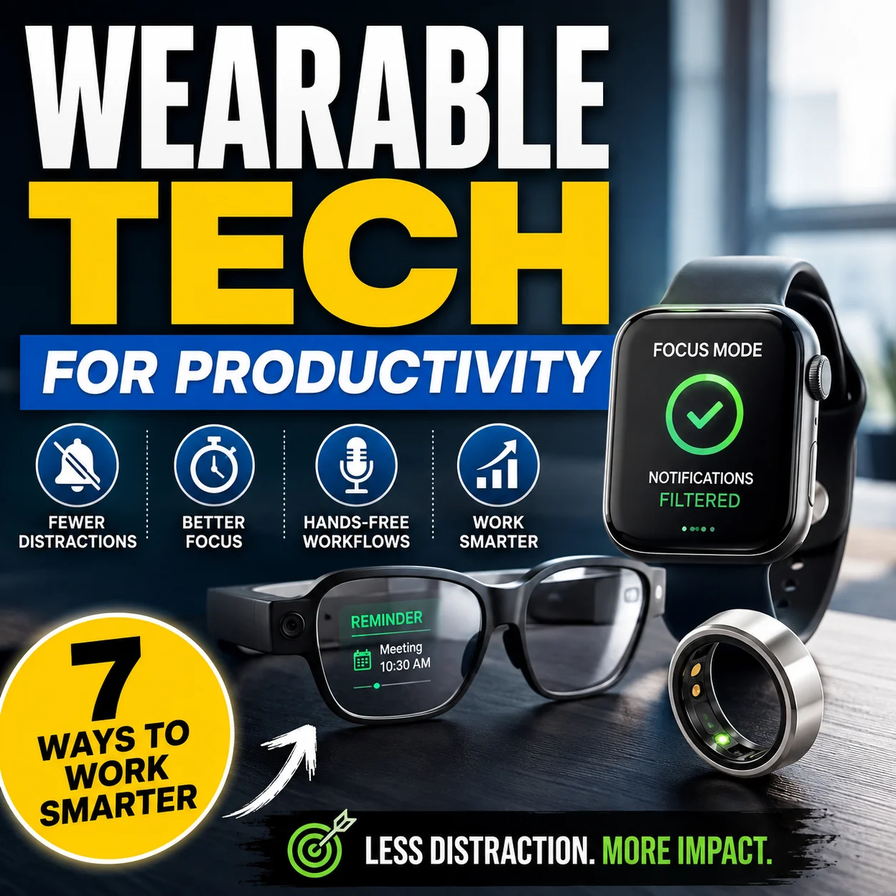 Wearable tech for productivity with smartwatch, smart ring, smart glasses and focus workflow icons