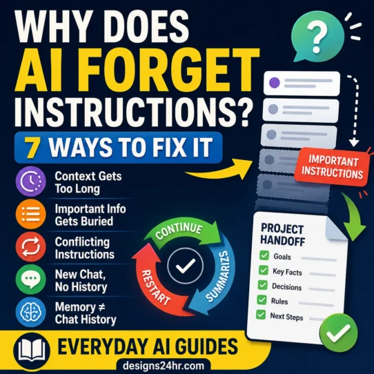 Important AI instructions fading from a long conversation beside a project handoff checklist and a continue, summarize, or restart workflow.