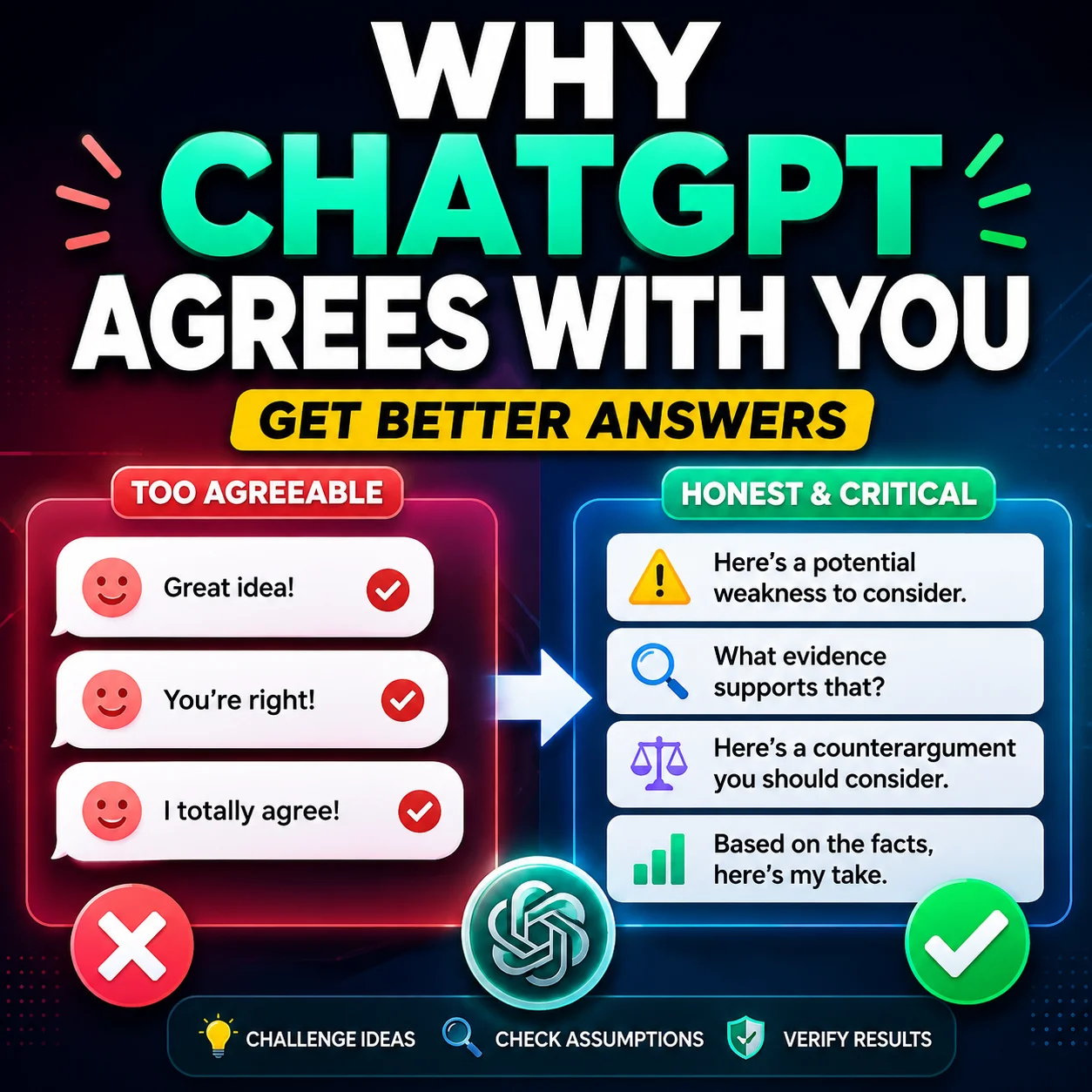 ChatGPT agreement concept with chat bubbles, checkmarks and evidence symbols showing how to get more honest AI answers