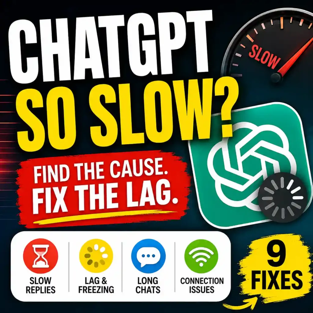 Why is ChatGPT so slow graphic showing a speedometer, loading indicator, and fixes for lag, freezing, long chats, and slow replies