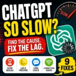 Why is ChatGPT so slow graphic showing a speedometer, loading indicator, and fixes for lag, freezing, long chats, and slow replies