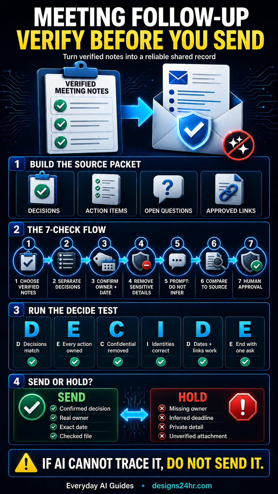 Vertical dark-blue infographic showing a seven-check flow from verified meeting notes to an approved follow-up email, the DECIDE review, and send-or-hold rules. meeting follow-up email with AI