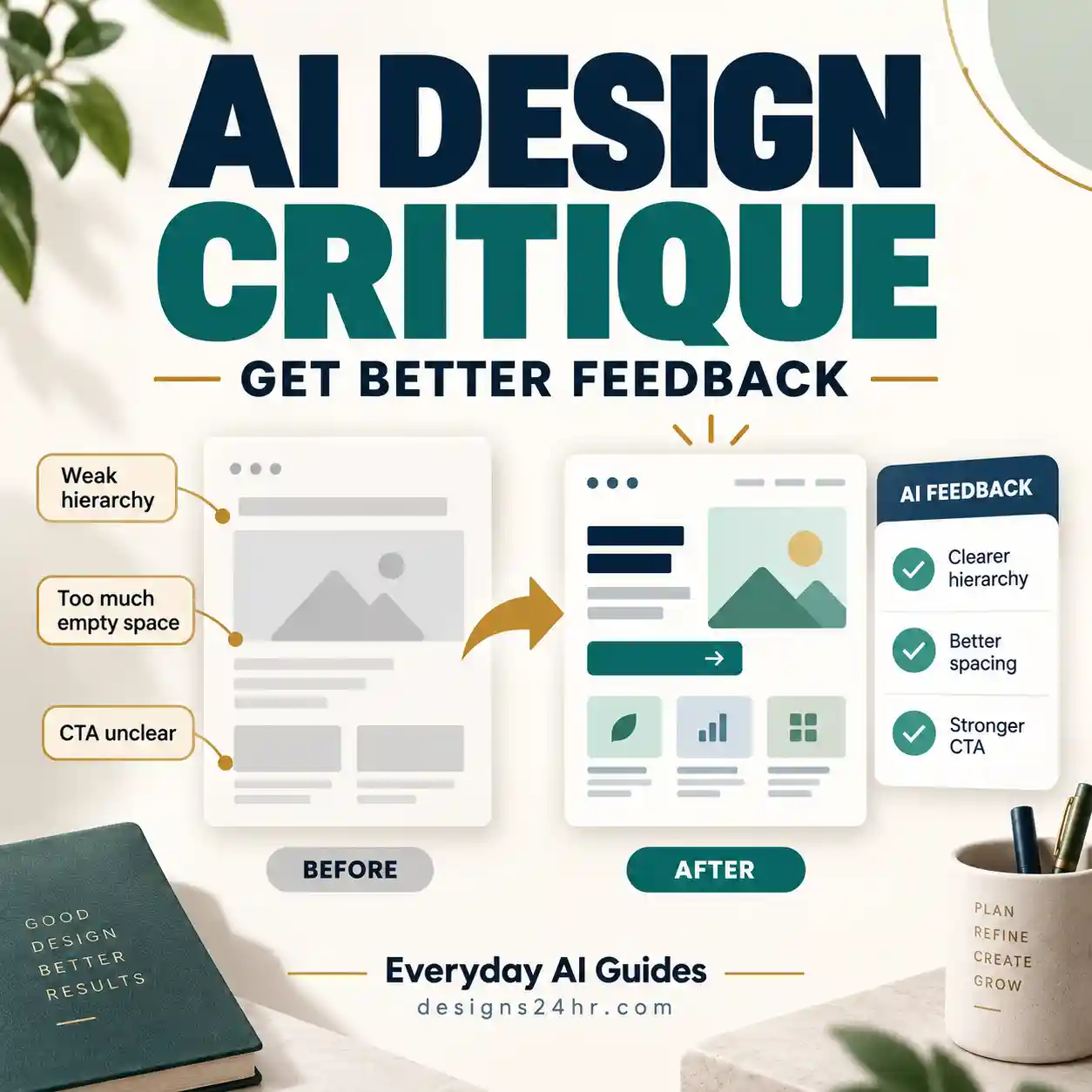 AI design critique prompt visual showing a graphic layout being reviewed with prioritized design feedback