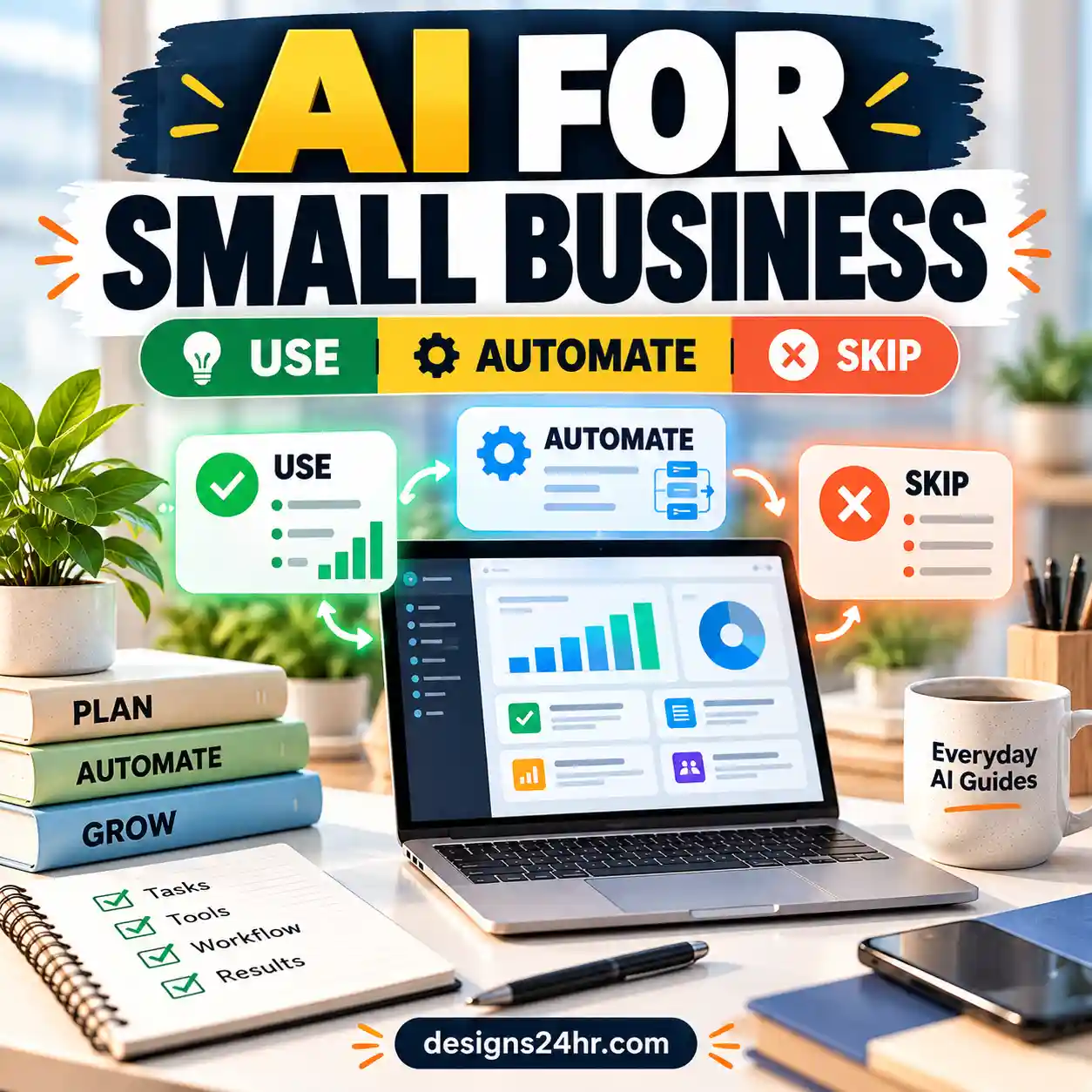AI for small business guide showing what to use, automate, and skip