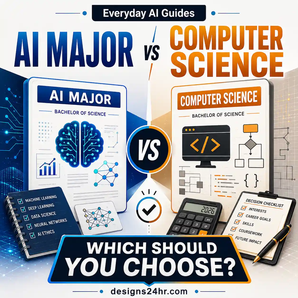 AI major vs computer science comparison showing degree choice, coursework, flexibility and AI career considerations.