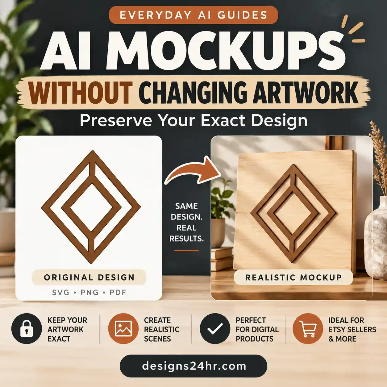 AI mockups without changing artwork showing an original geometric design beside a realistic product preview