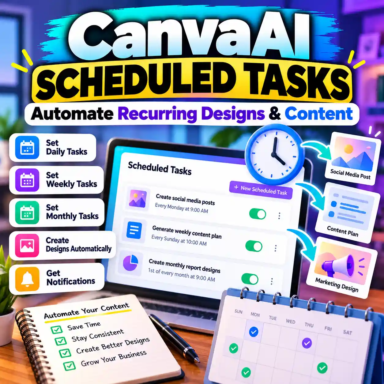 Canva AI scheduled tasks guide for automating recurring designs and content