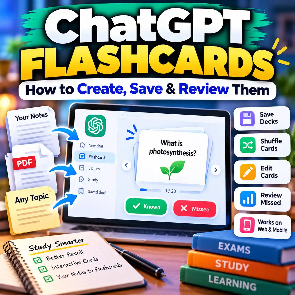 ChatGPT flashcards guide showing interactive study cards from notes