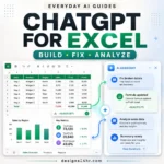 ChatGPT for Excel guide showing an AI assistant beside a spreadsheet for building, editing and analyzing workbook data