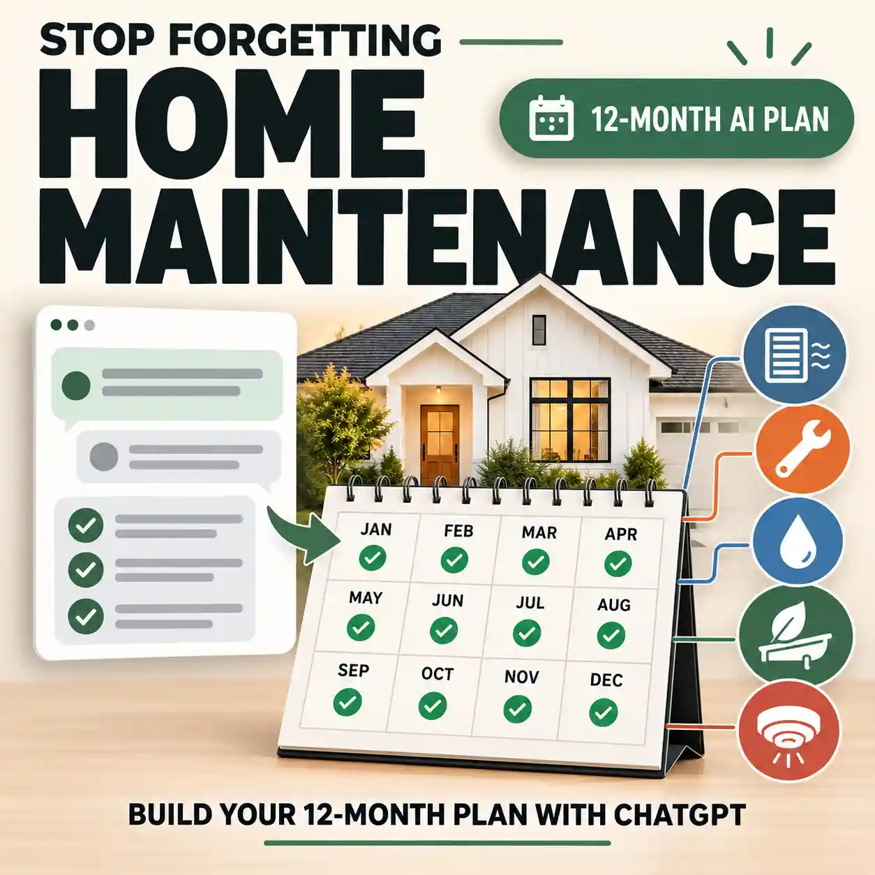 ChatGPT home maintenance schedule organized into a 12-month household maintenance plan